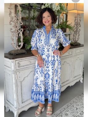 Umgee Blue & White Printed Midi Dress - Elegant Summer Style